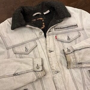 90s Vintage Levi's Sherpa Trucker Jacket | Faded Gray Denim‎ | Size L